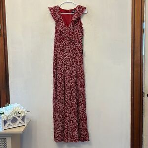 Lulu’s burgundy white polka dot ruffle neckline jumpsuit Size XS New